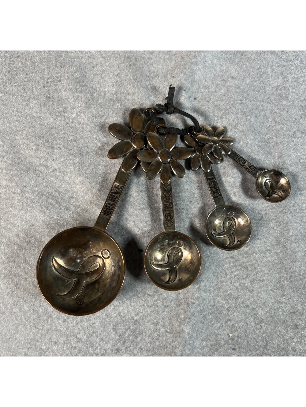 Metal Measuring Spoons With Flower Handle & Cancer Awareness Message